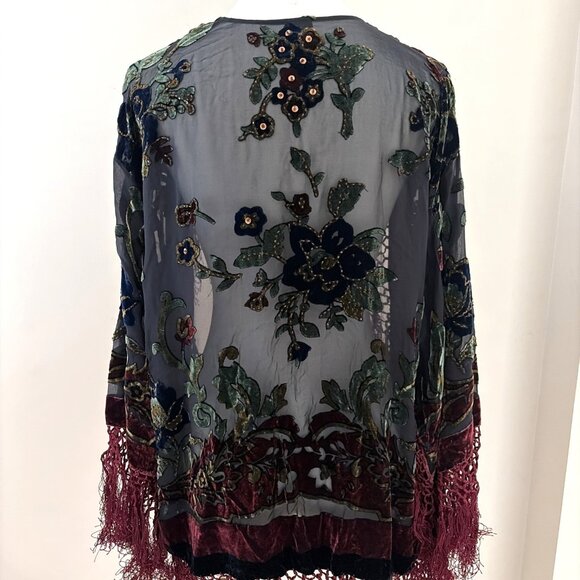VTG Kirks Folly Burnout Velvet Cardigan Women's One Size Sequins Fringe Stunning - Picture 2 of 10